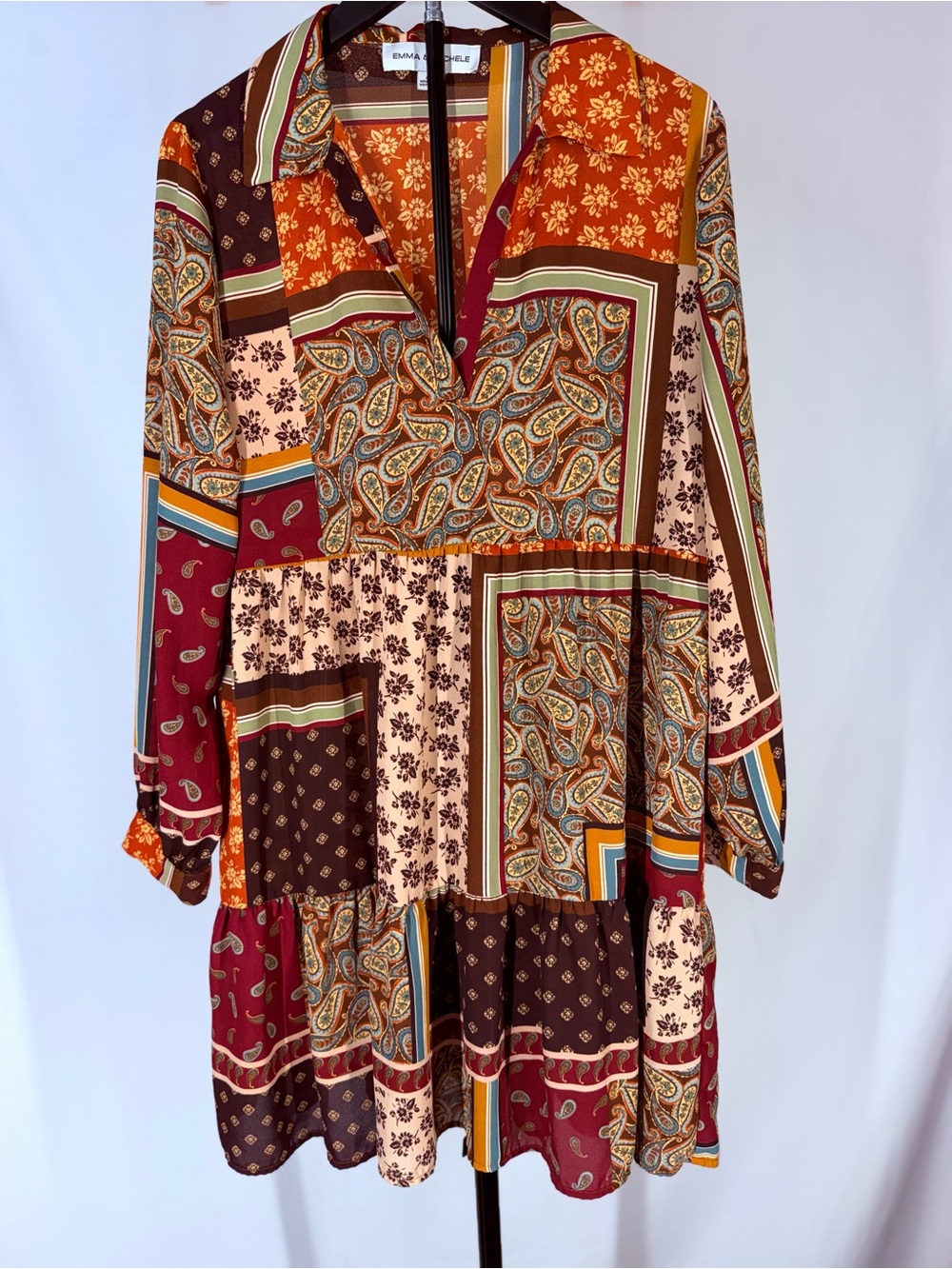 Emma & Michele Multi-Color Paisley Patchwork Long-Sleeve Dress